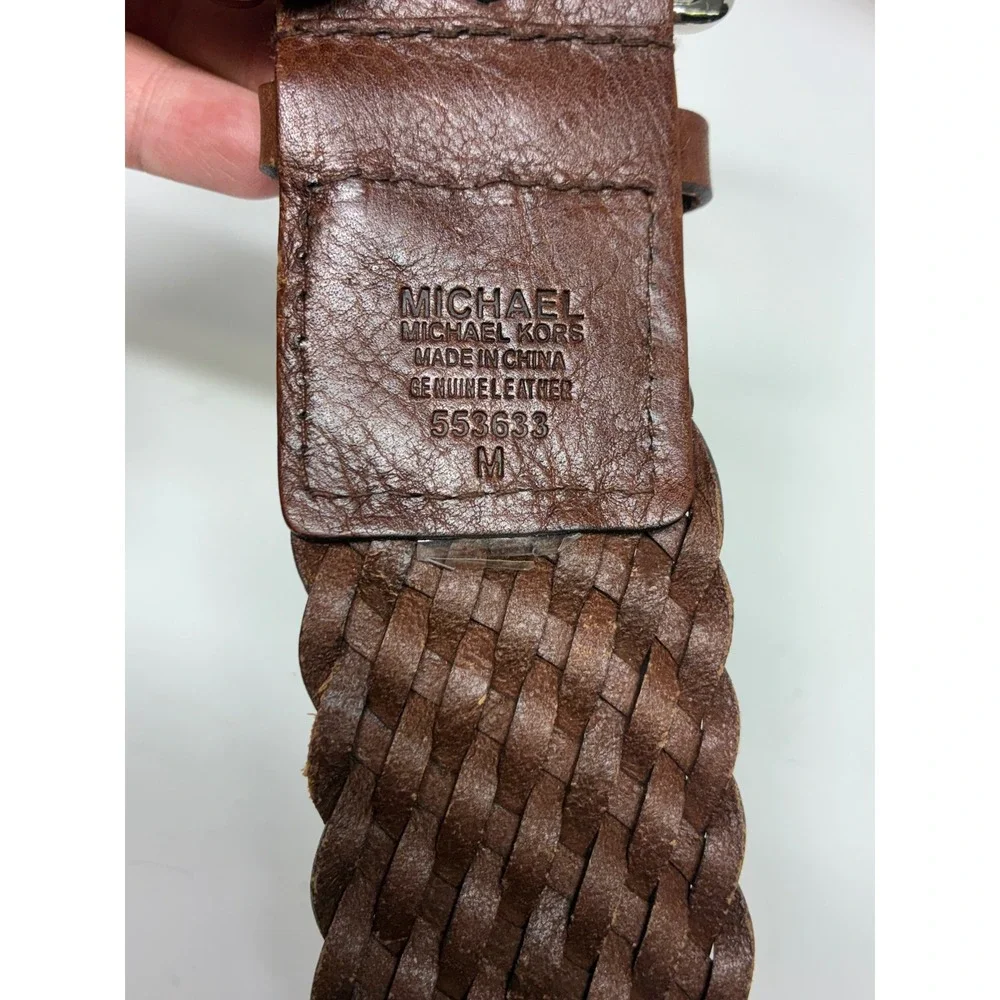 MICHAEL M Kors Brown Braided Leather Belt M Boho Woven Silver MK Charm Wide